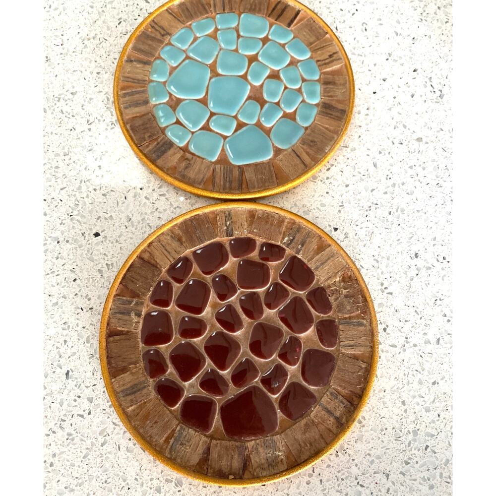 Vintage set Hot Pads Table Protectors Trivet Japan‎ Mosaic Blue brown MCM